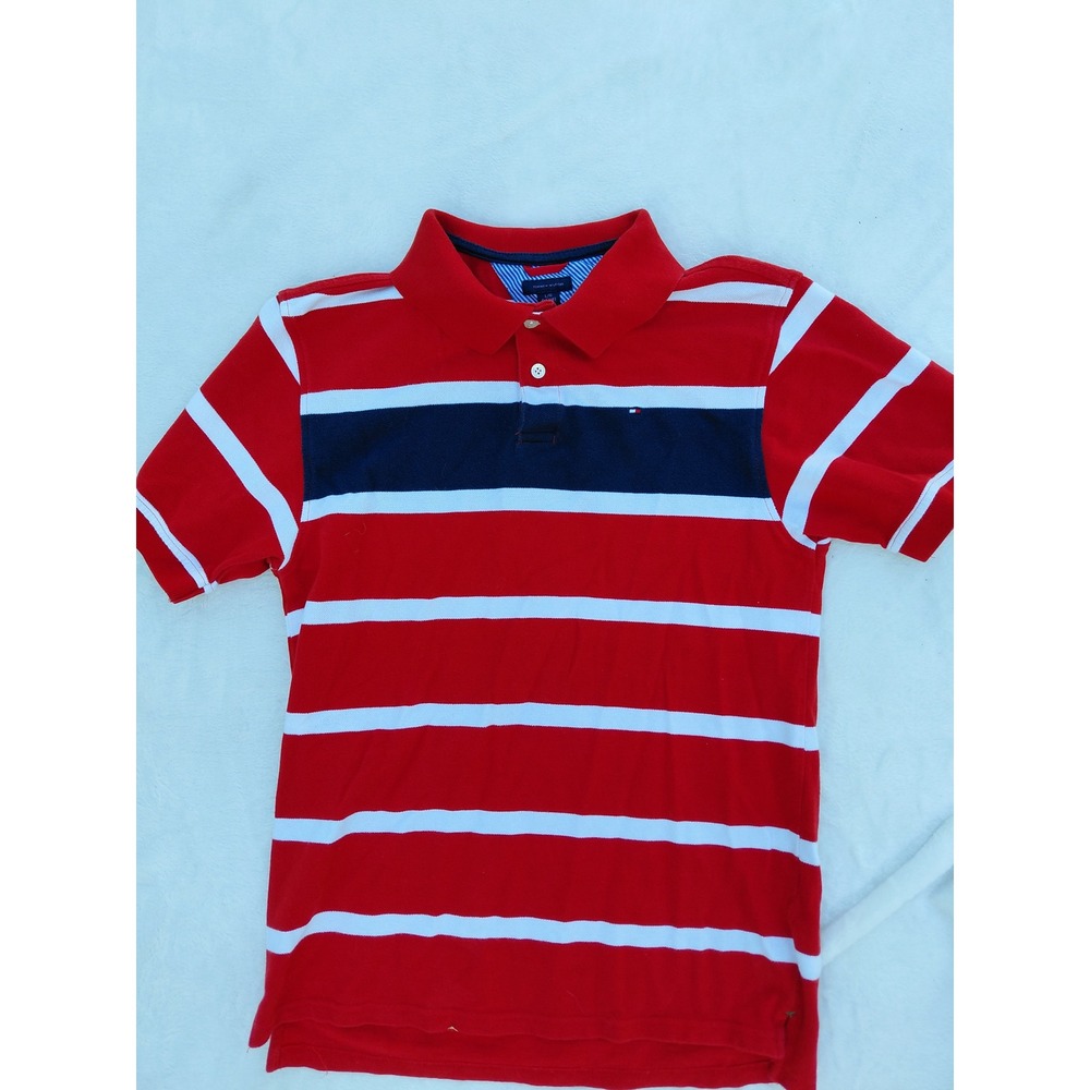 Tommy Hilfiger Boys Red White Navy Blue Striped Cotton Polo Shirt Size L 16/18